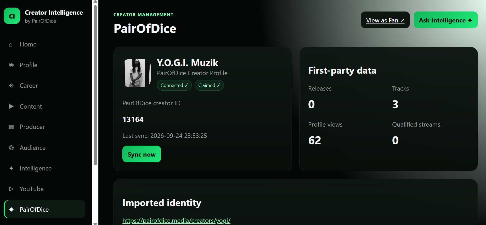 Creator Intelligence PairOfDice dashboard showing connected creator profile and first-party data