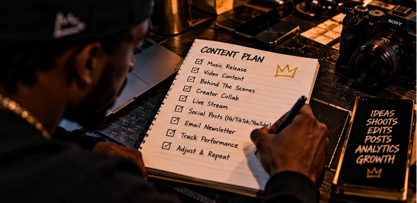 Independent Black music creator studying audience and content analytics in a studio workspace.